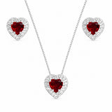 Conjunto Feminino Coração Cravejado Zircônia Rubi Prata 925
