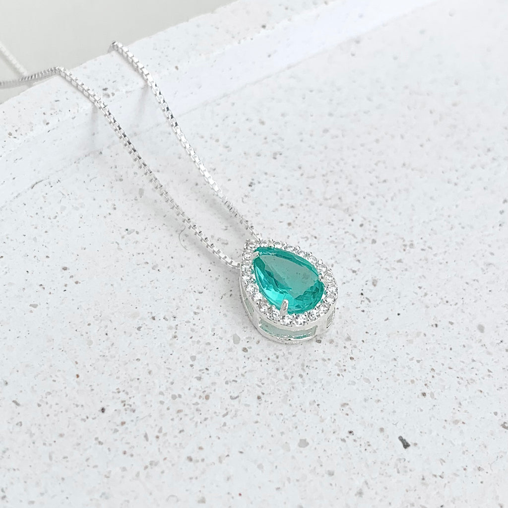 Colar Feminino Gota Cravejada Zircônia Turmalina Prata 925