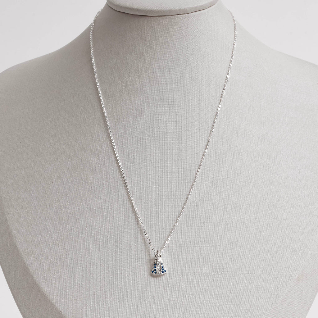 Colar Feminino Nsa Senhora Aparecida Cravejado Azul Prata 925