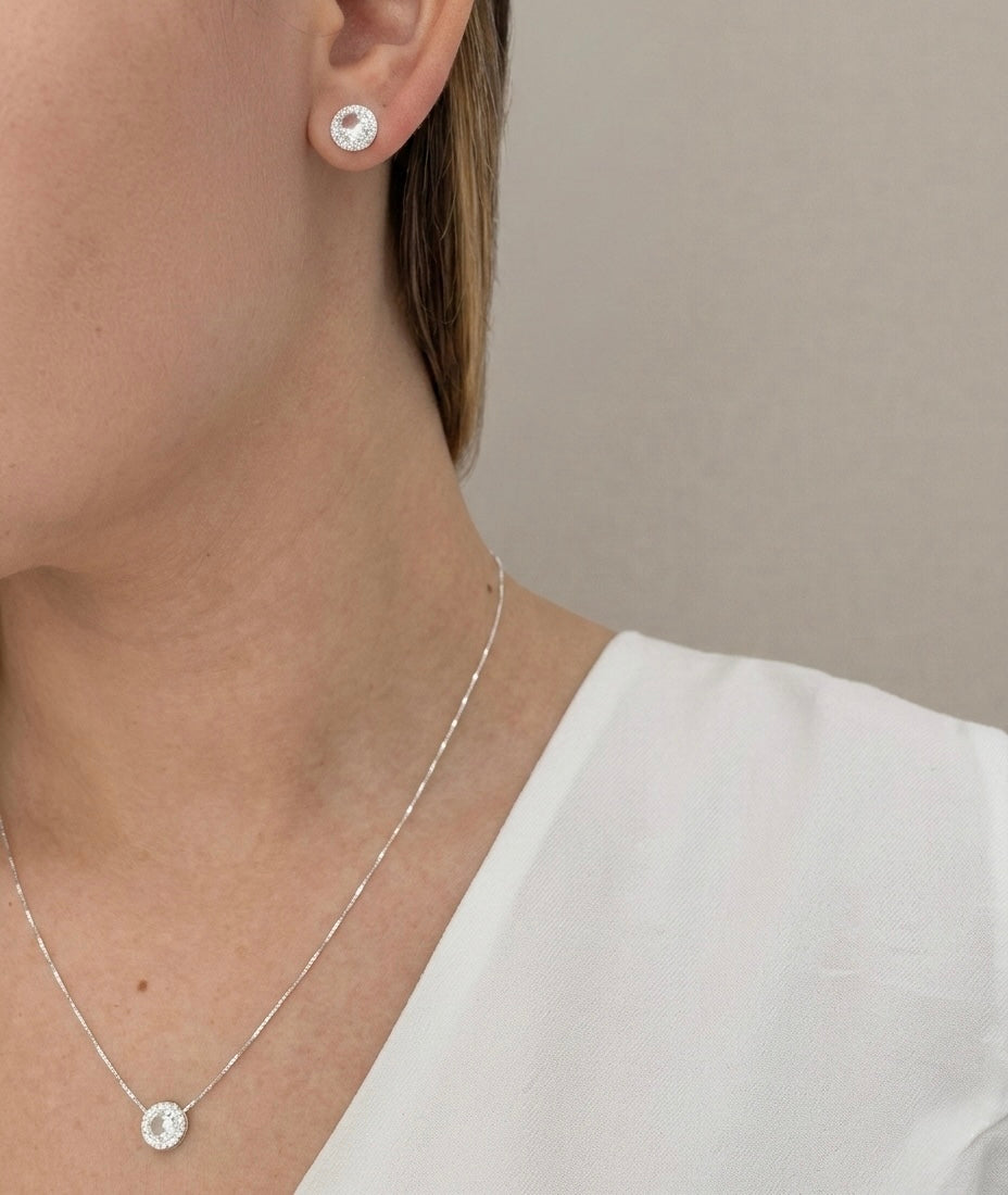 Conjunto Feminino Redondo Cravejado Zircônia Cristal Prata 925