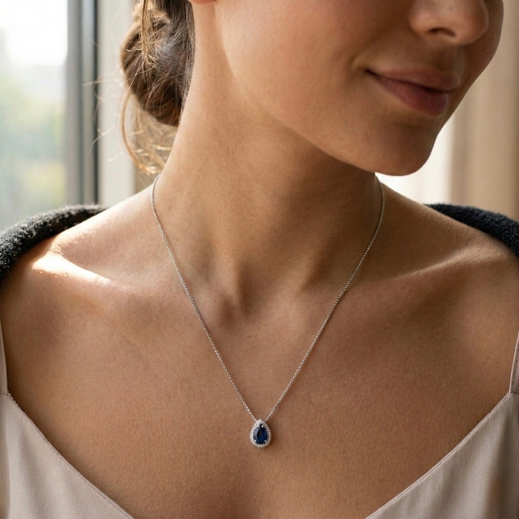 Colar Feminino Gota Cravejada Zircônia Azul Prata 925