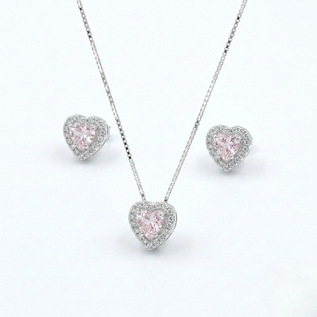 Conjunto Feminino Coração Cravejado Zircônia Rosê Prata 925