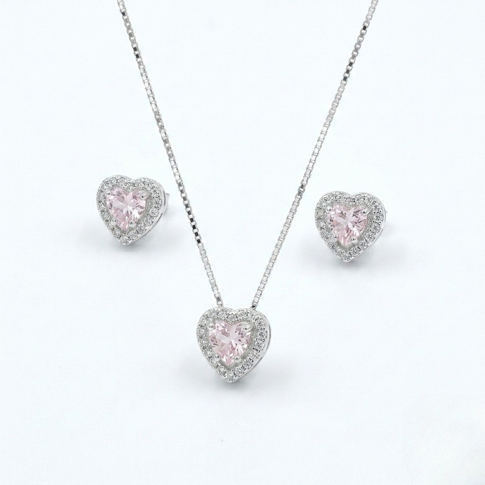 Conjunto Feminino Coração Cravejado Zircônia Rosê Prata 925