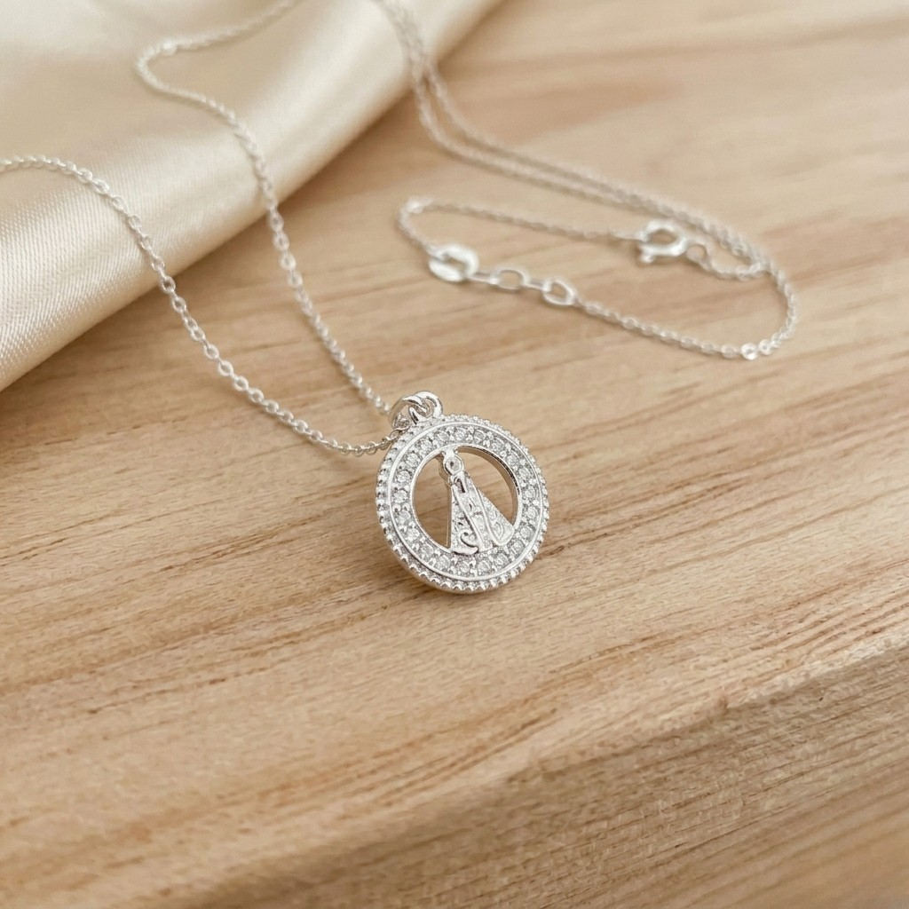 Colar Feminino Medalha Nsa Senhora Aparecida Cravejada Prata 925