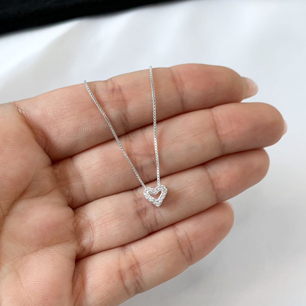 Colar Feminino Mini Coração Cravejado Prata 925