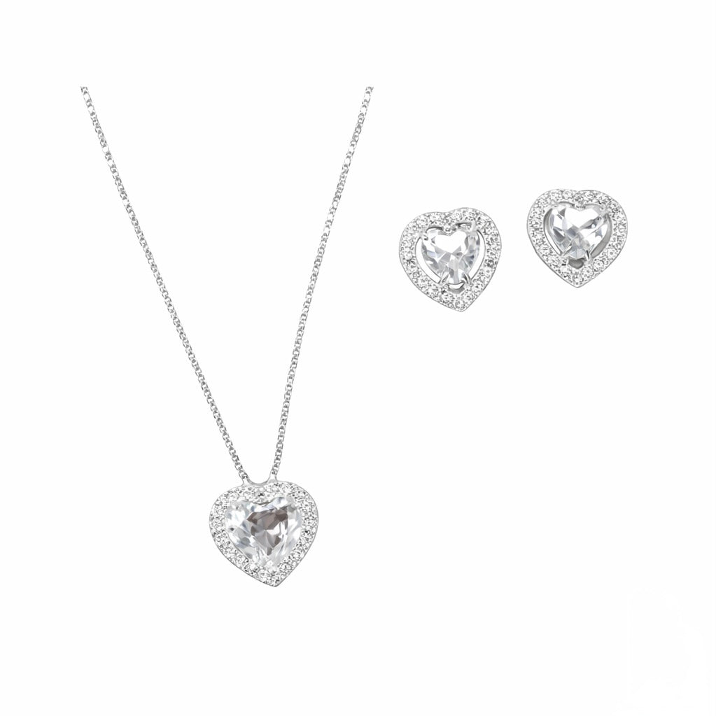 Conjunto Coração Cravejado Zircônia Cristal em Prata 925
