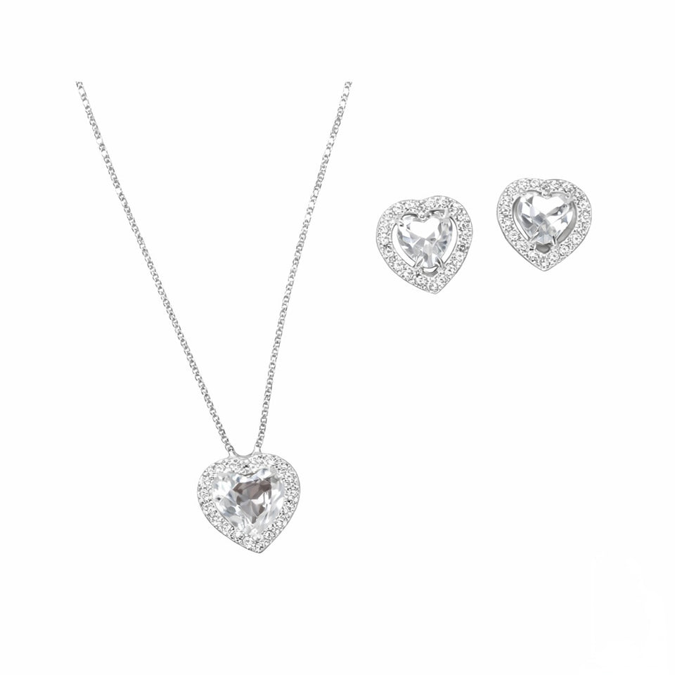 Conjunto Coração Cravejado Zircônia Cristal em Prata 925