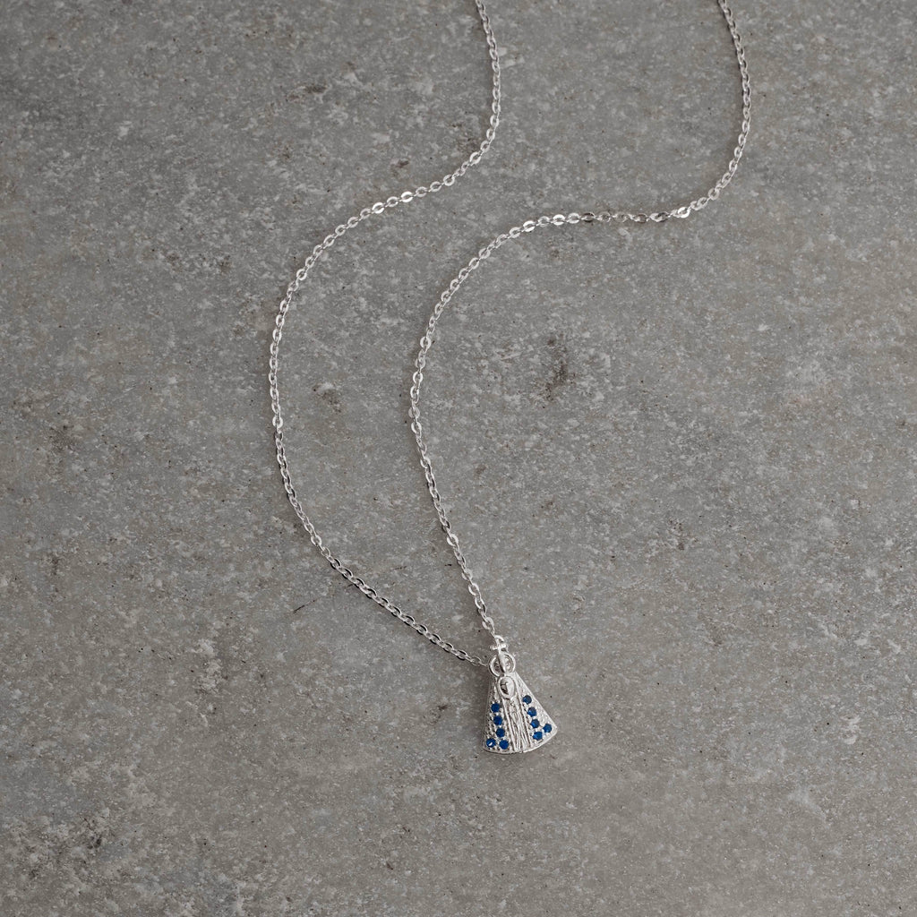 Colar Feminino Nsa Senhora Aparecida Cravejado Azul Prata 925