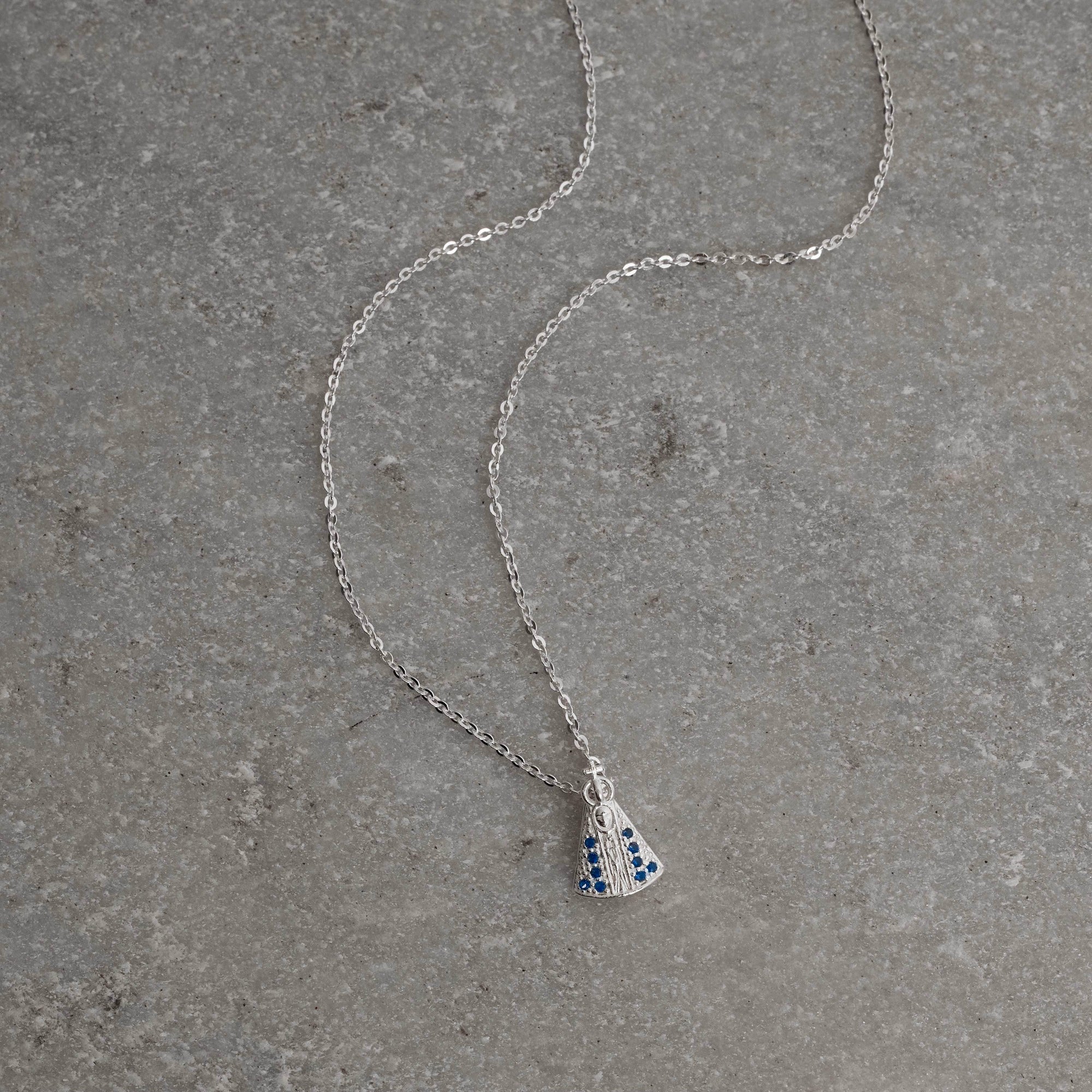 Colar Feminino Nsa Senhora Aparecida Cravejado Azul Prata 925