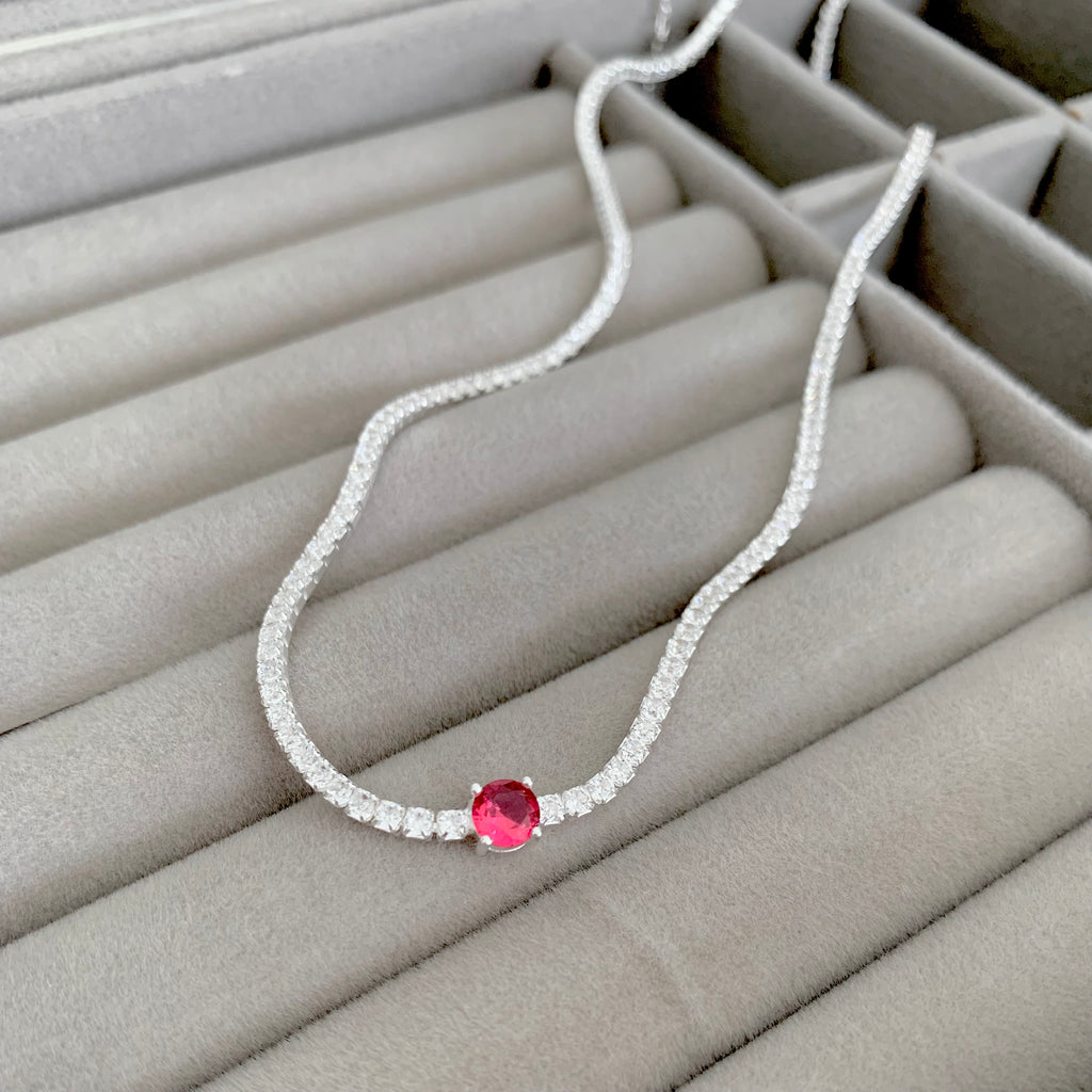 Choker Feminina Riviera Cristal C/Pedra Principal Cor Pink Prata 925