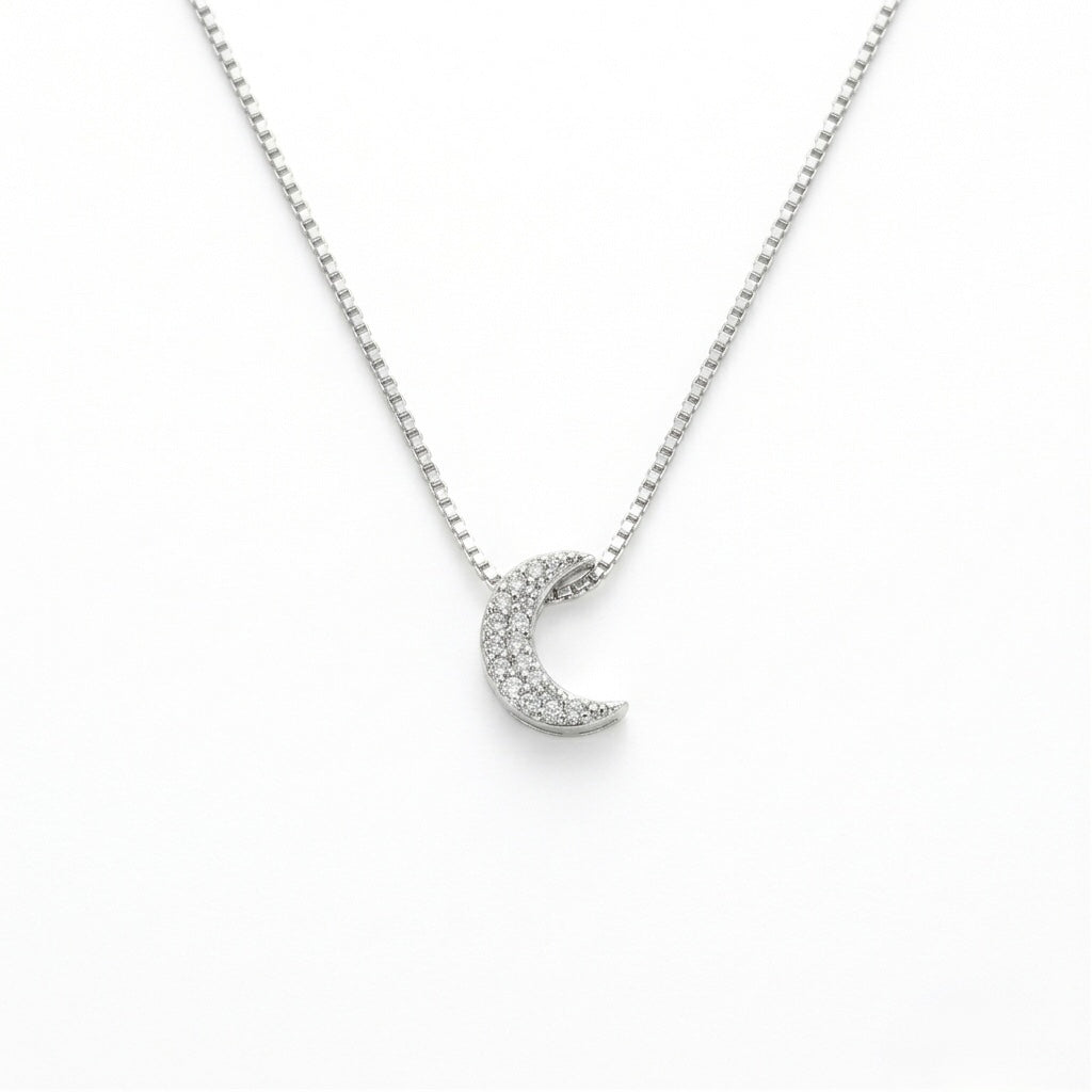 Colar Feminino Mini Lua Cravejada Prata 925