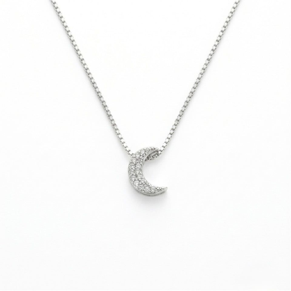 Colar Feminino Mini Lua Cravejada Prata 925