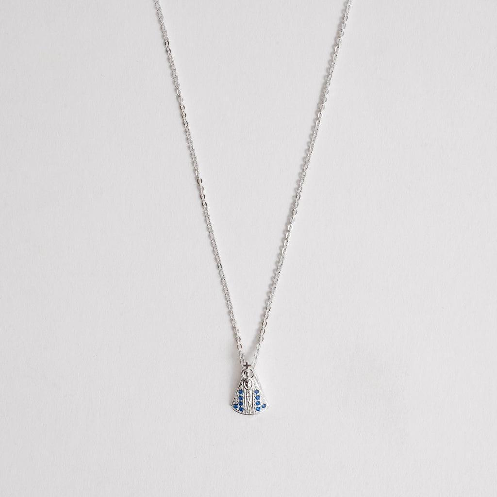 Colar Feminino Nsa Senhora Aparecida Cravejado Azul Prata 925