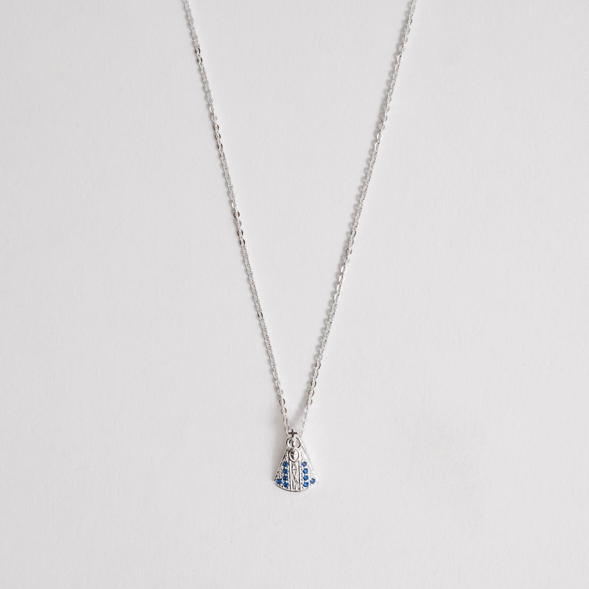 Colar Feminino Nsa Senhora Aparecida Cravejado Azul Prata 925