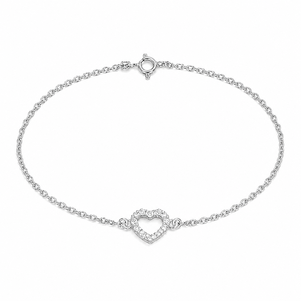 Pulseira Feminina Coração Cravejado Cristal Prata 925