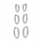 Trio Argolas Cravejadas 1,2cm, 1cm e 8mm Prata 925