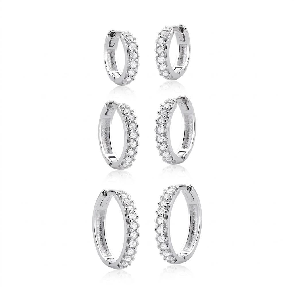 Trio Argolas Cravejadas 1,2cm, 1cm e 8mm Prata 925