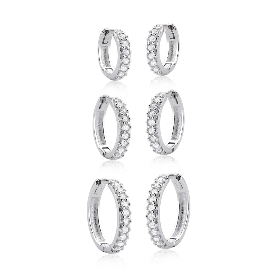Trio Argolas Cravejadas 1,2cm, 1cm e 8mm Prata 925