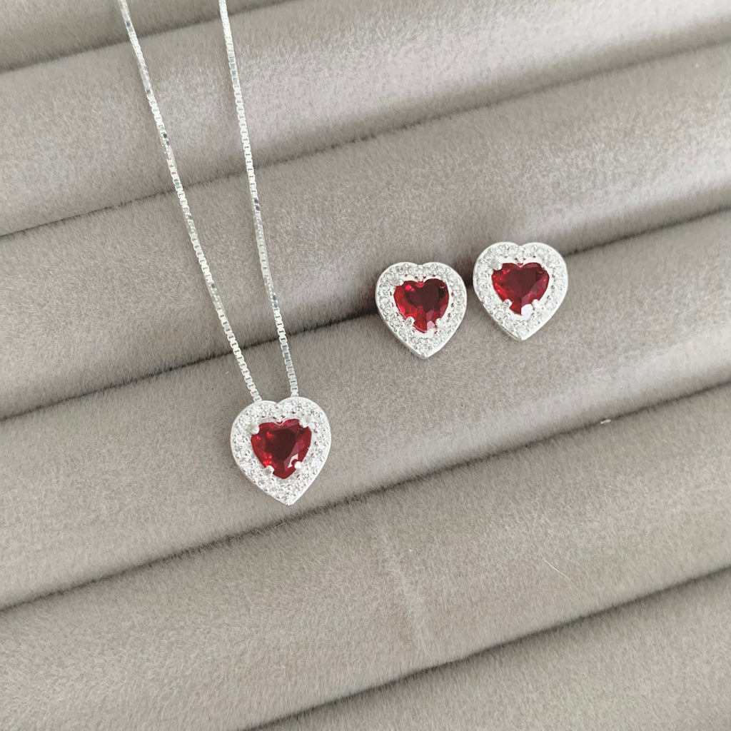Conjunto Feminino Coração Cravejado Zircônia Rubi Prata 925