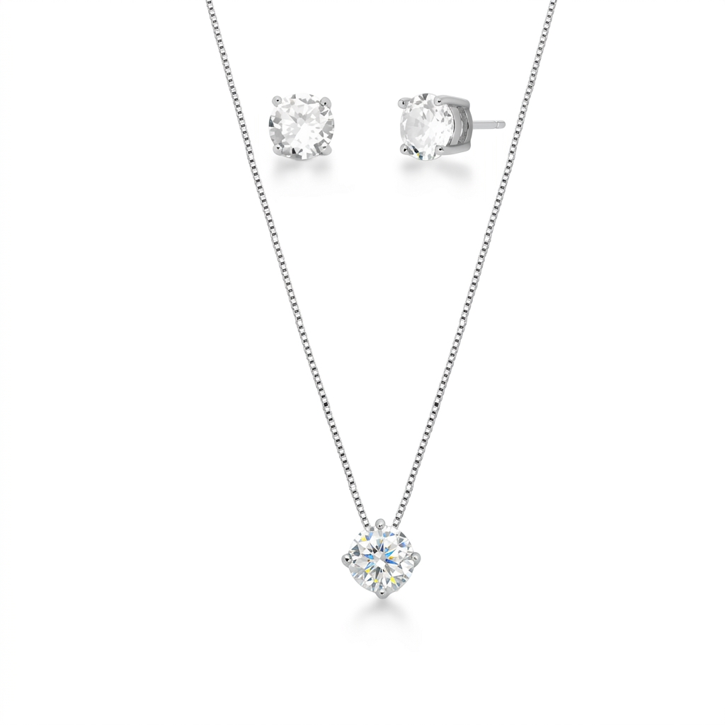 Conjunto Feminino Zircônia Redonda Caixa Alta Cristal Prata 925