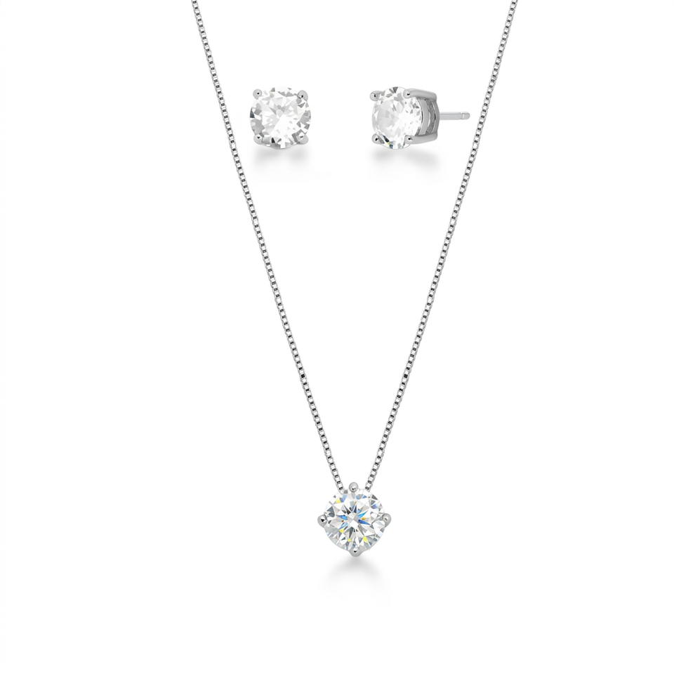 Conjunto Feminino Zircônia Redonda Caixa Alta Cristal Prata 925