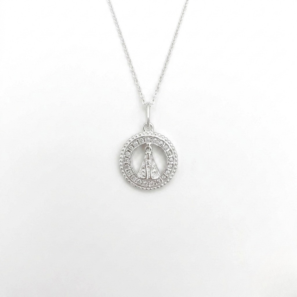 Colar Feminino Medalha Nsa Senhora Aparecida Cravejada Prata 925