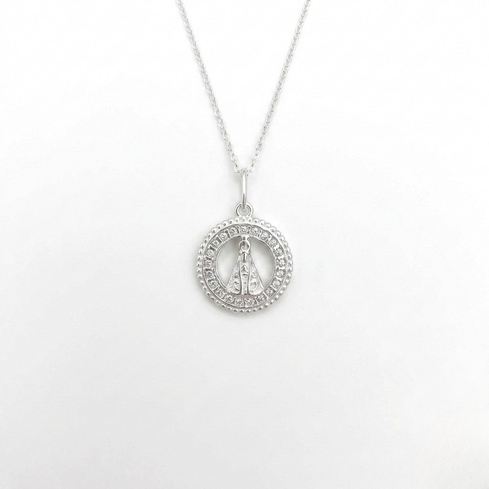 Colar Feminino Medalha Nsa Senhora Aparecida Cravejada Prata 925
