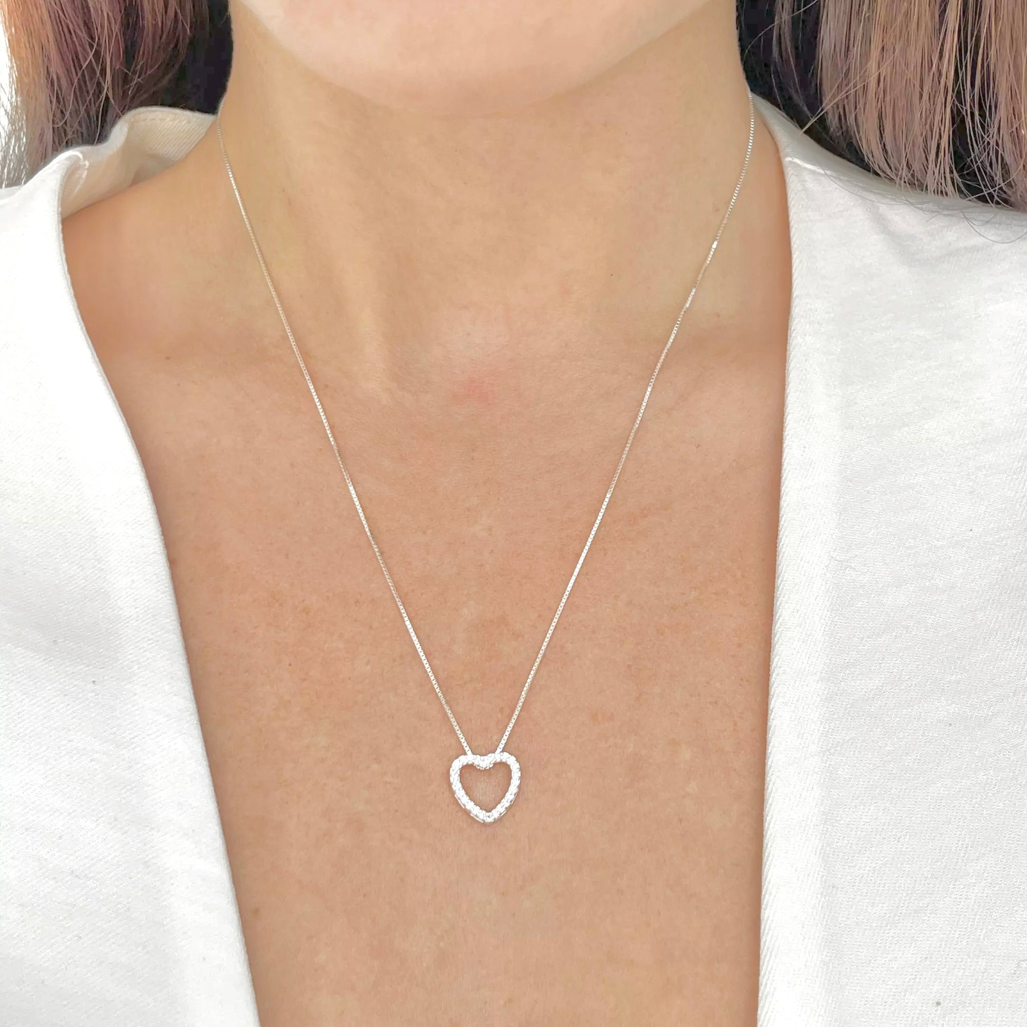 Colar Feminino Coração Passante Cravejado Prata 925