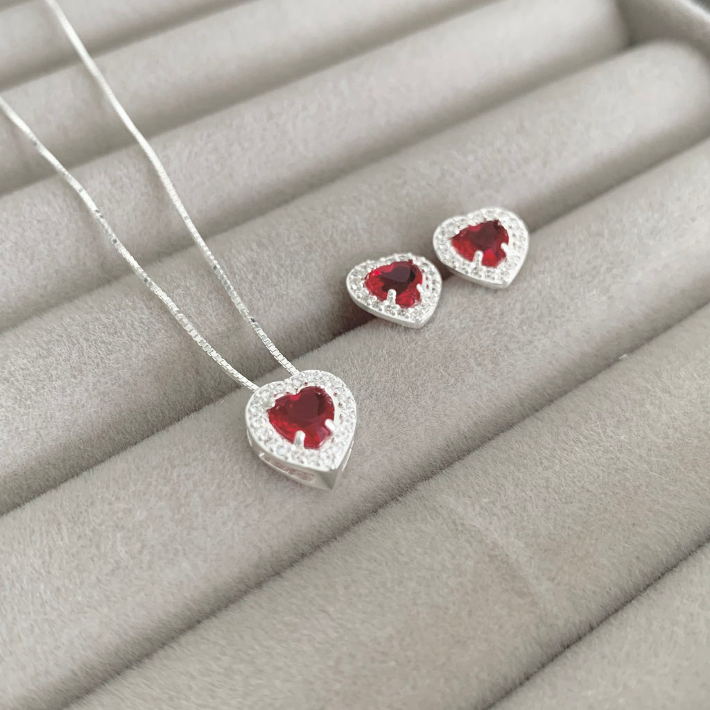 Conjunto Feminino Coração Cravejado Zircônia Rubi Prata 925