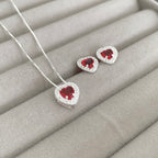 Conjunto Feminino Coração Cravejado Zircônia Rubi Prata 925