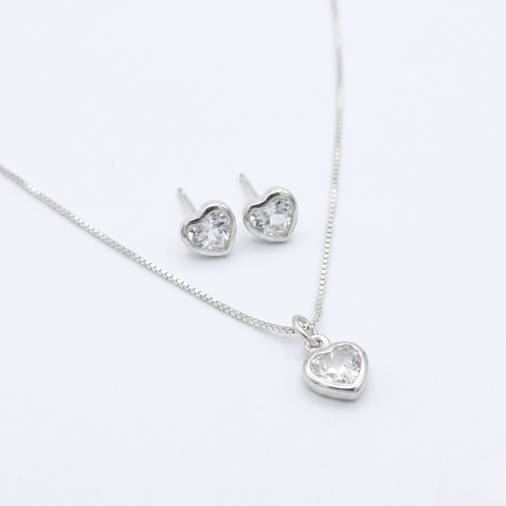 Conjunto Ponto de Luz Coração Zircônia Cristal Prata 925