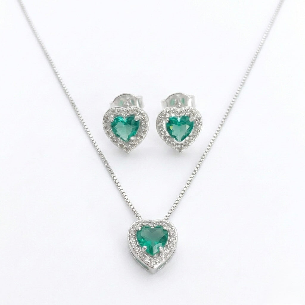 Conjunto Feminino Coração Cravejado Zircônia Turmalina Prata 925