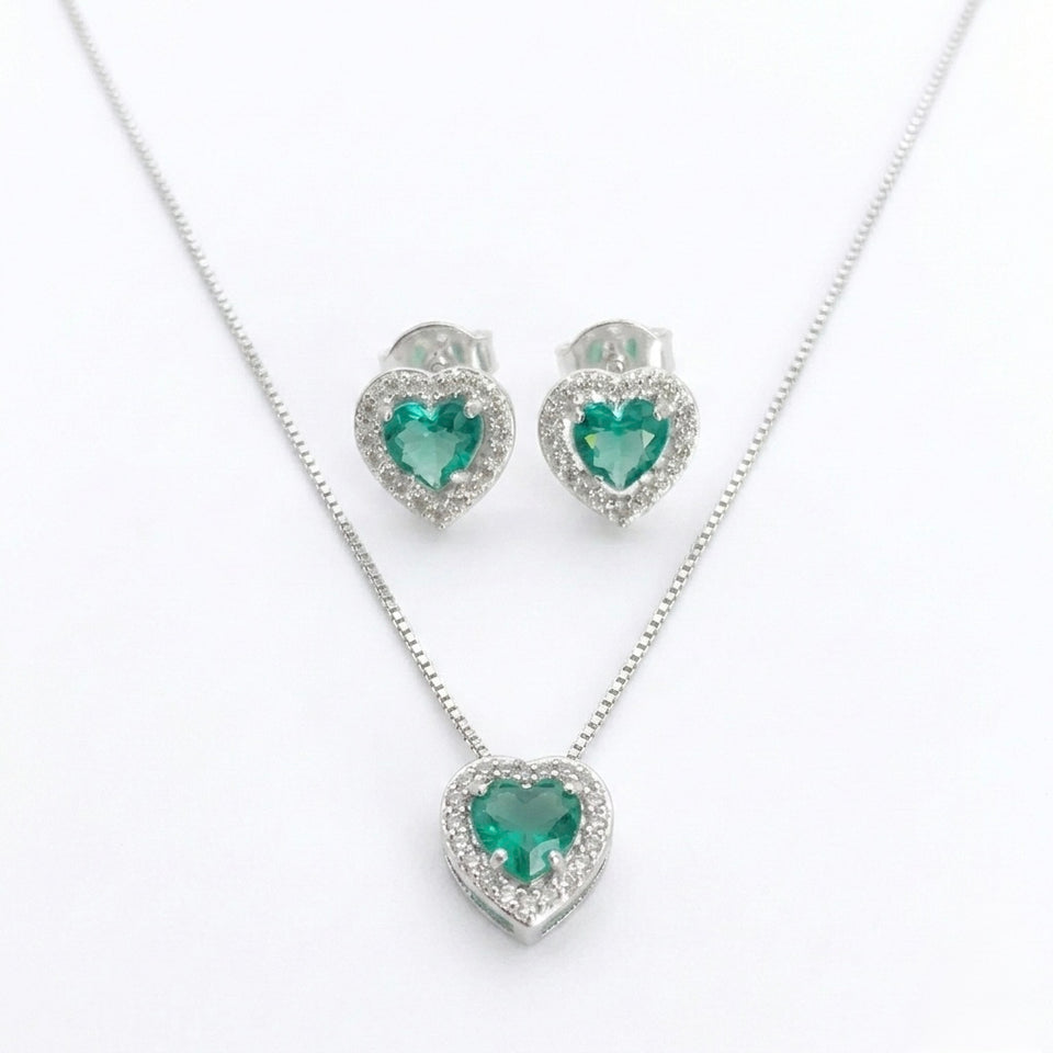 Conjunto Feminino Coração Cravejado Zircônia Turmalina Prata 925
