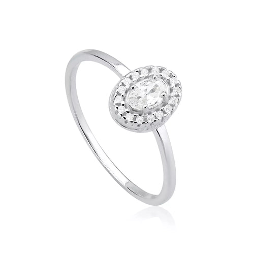 Anel Feminino Solitário Oval Cravejado Prata 925
