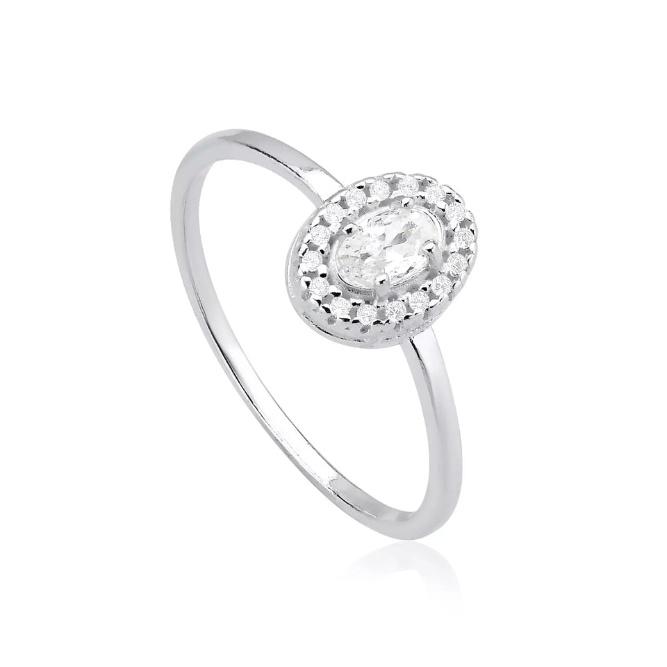Anel Feminino Solitário Oval Cravejado Prata 925