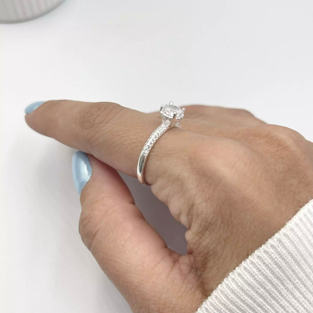 Anel Feminino Solitário Cravejado Zircônia 6mm Prata 925