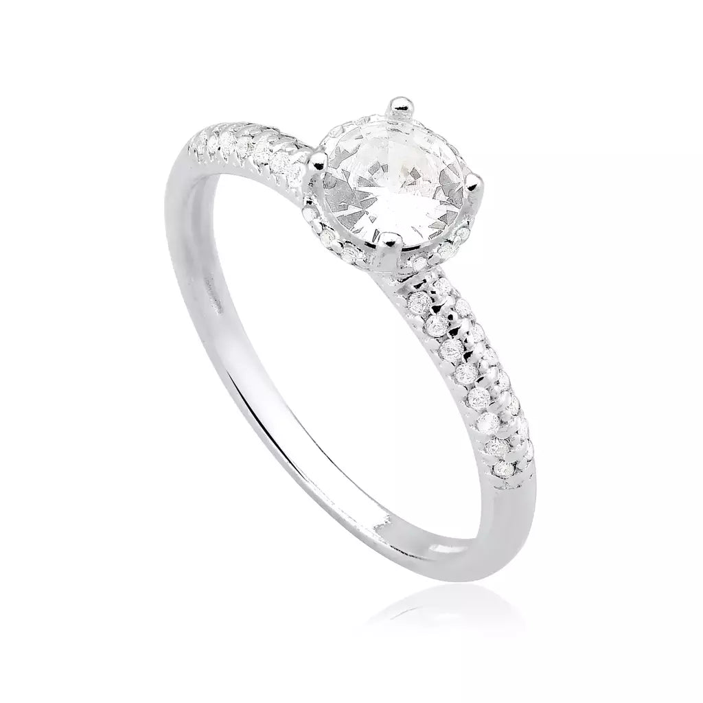 Anel Feminino Solitário Cravejado Zircônia 6mm Prata 925