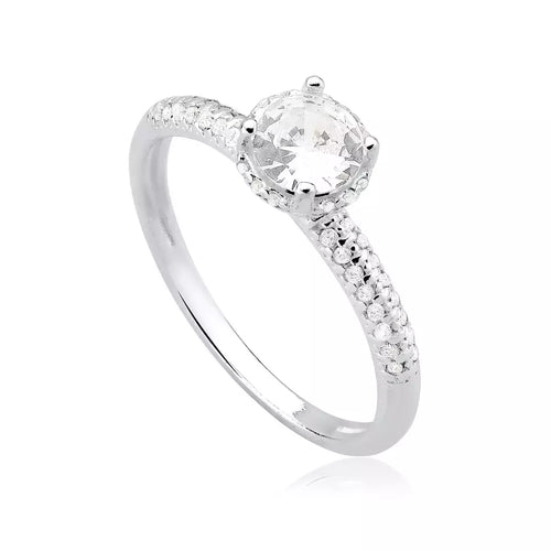 Anel Feminino Solitário Cravejado Zircônia 6mm Prata 925