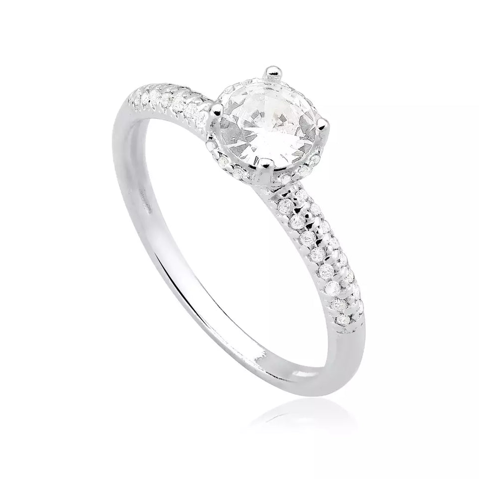 Anel Feminino Solitário Cravejado Zircônia 6mm Prata 925