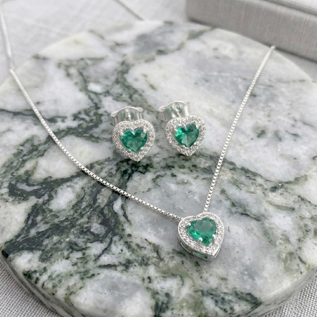 Conjunto Feminino Coração Cravejado Zircônia Turmalina Prata 925