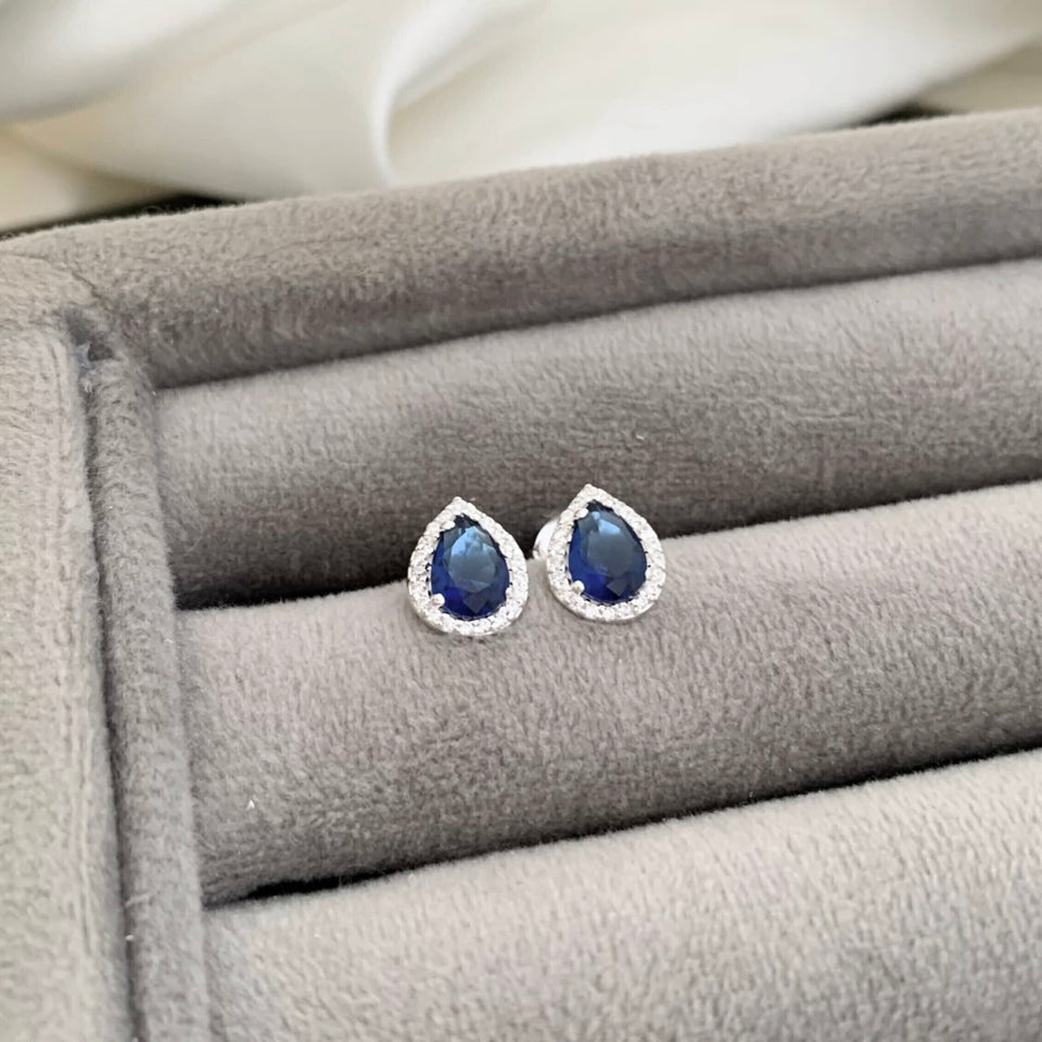 Brinco Feminino Gota Cravejada Zircônia Azul Prata 925