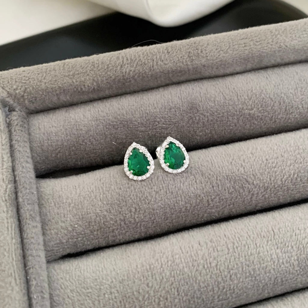 Brinco Feminino Gota Cravejada Zircônia Esmeralda Prata 925