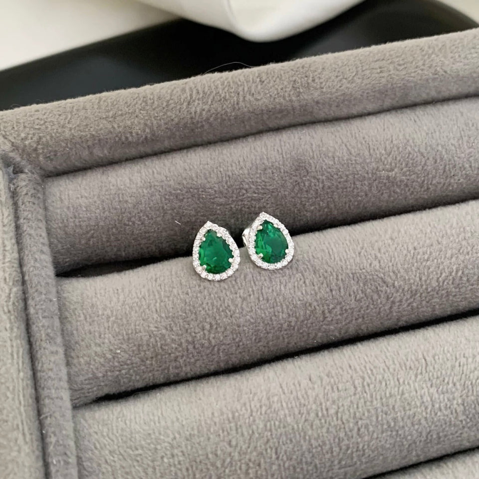 Brinco Feminino Gota Cravejada Zircônia Esmeralda Prata 925