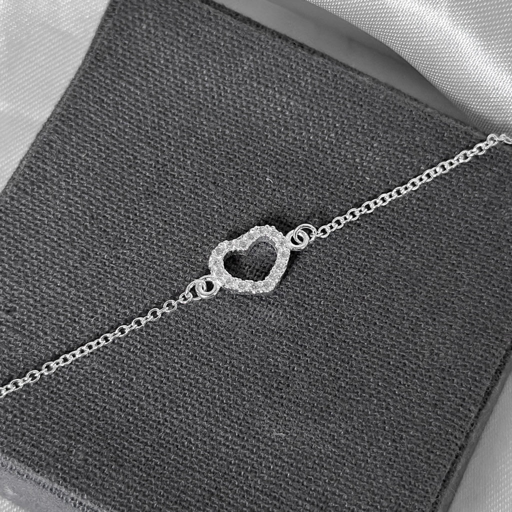 Pulseira Feminina Coração Cravejado Cristal Prata 925