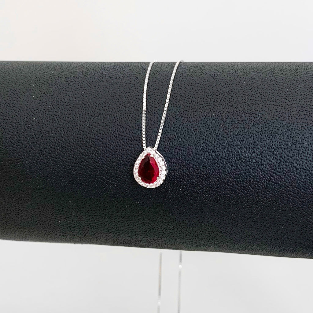 Colar Feminino Gota Cravejada Zircônia Rubi Prata 925