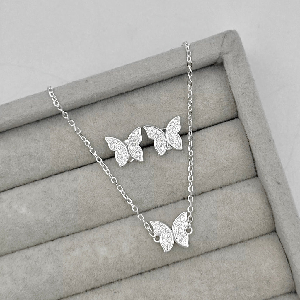 Conjunto Feminino Borboleta Cravejada Luxo Prata 925
