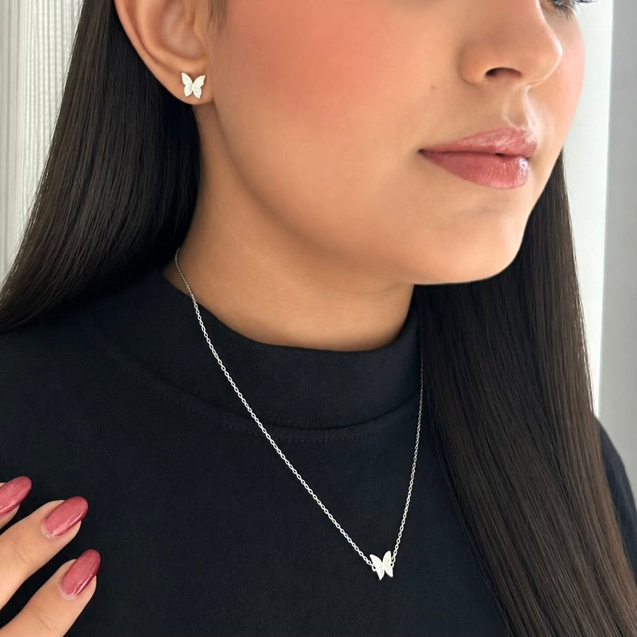 Conjunto Feminino Borboleta Cravejada Luxo Prata 925