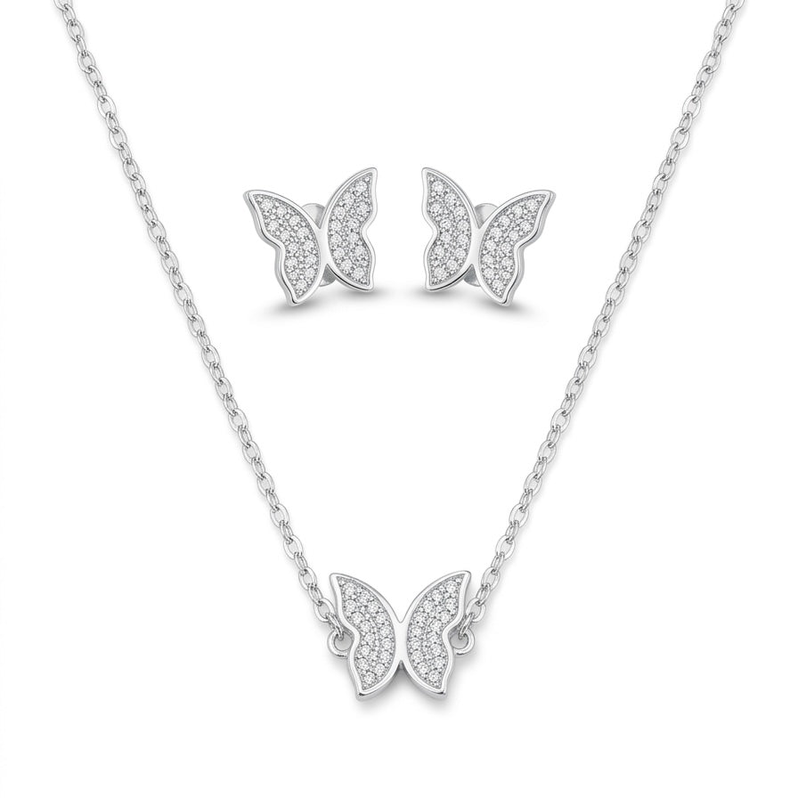 Conjunto Feminino Borboleta Cravejada Luxo Prata 925