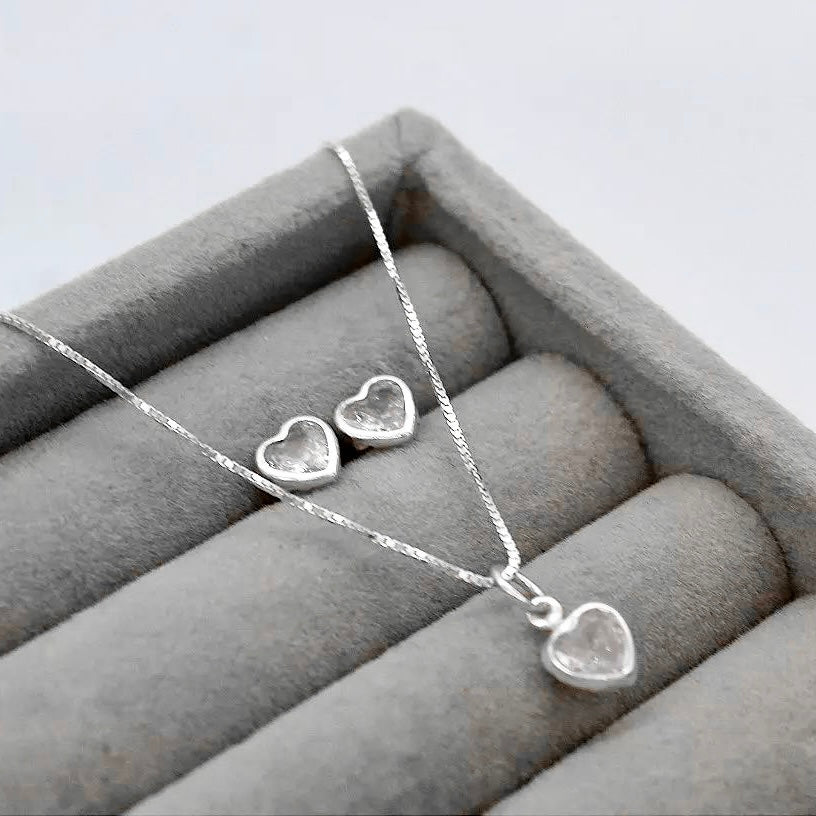 Conjunto Ponto de Luz Coração Zircônia Cristal Prata 925