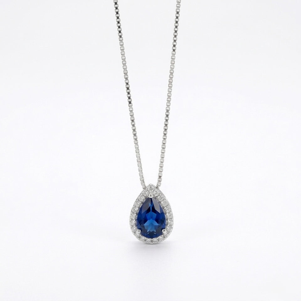 Colar Feminino Gota Cravejada Zircônia Azul Prata 925